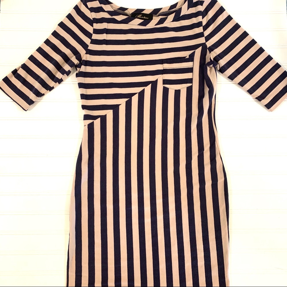 Vintage Bodycon Fitted Dress Tan & Black Stripe Cotton